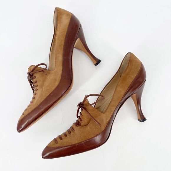 Vintage Manolo Blahnik Two-Tone Camel Brown Oxford Lace-Up Pump Heels IT 38 - Picture 7 of 13